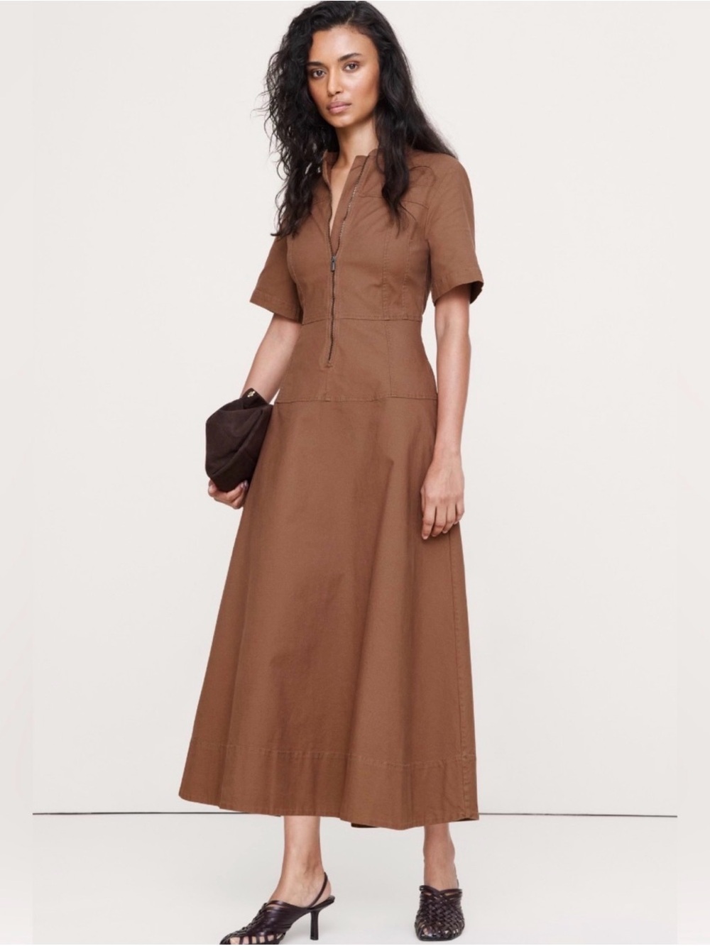 Banana Republic Cinnamon Brown Short-Sleeve Zip-Front Midi Dress Large